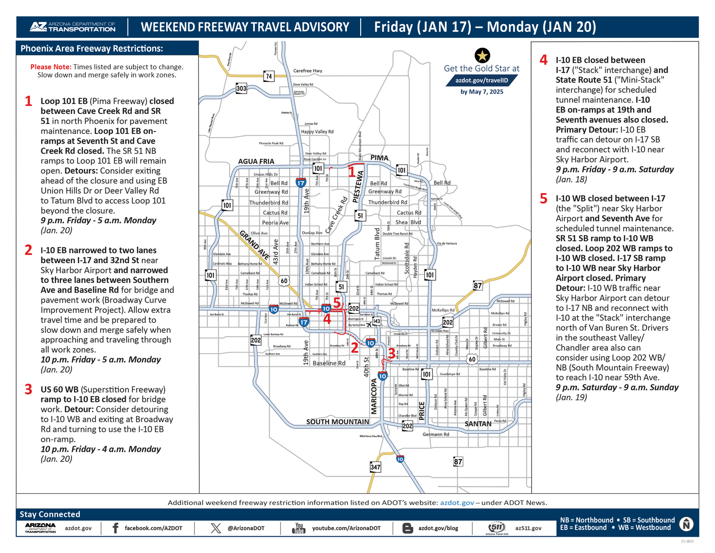 ADOT's Weekend Freeway Travel Advisory Map (Jan. 17-20, '25) - Phoenix Area