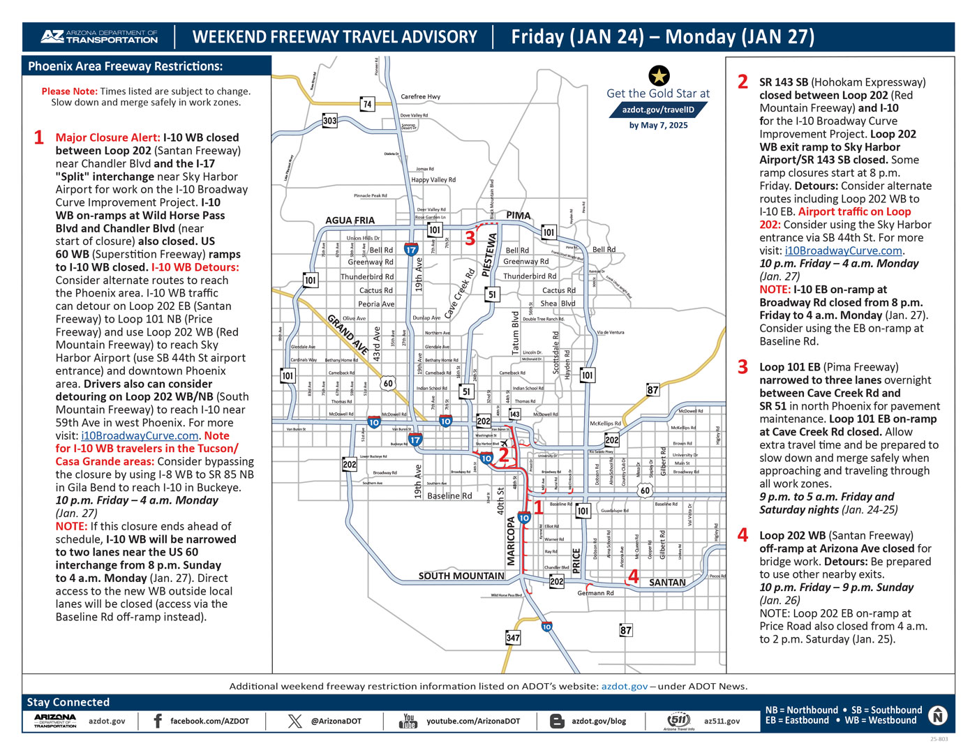 ADOT's Weekend Freeway Travel Advisory Map (Jan. 24-27, '25) Phoenix Area