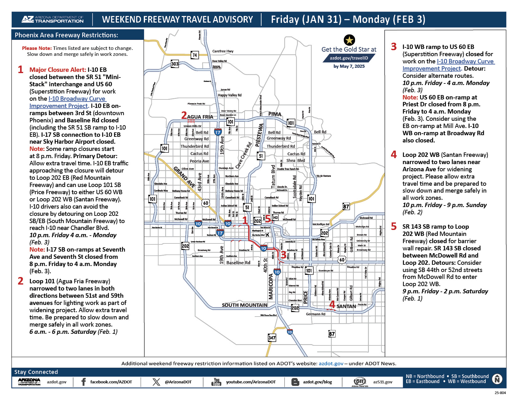 ADOT's Weekend Freeway Travel Advisory Map (Jan. 31-Feb. 3, '25) Phoenix Area