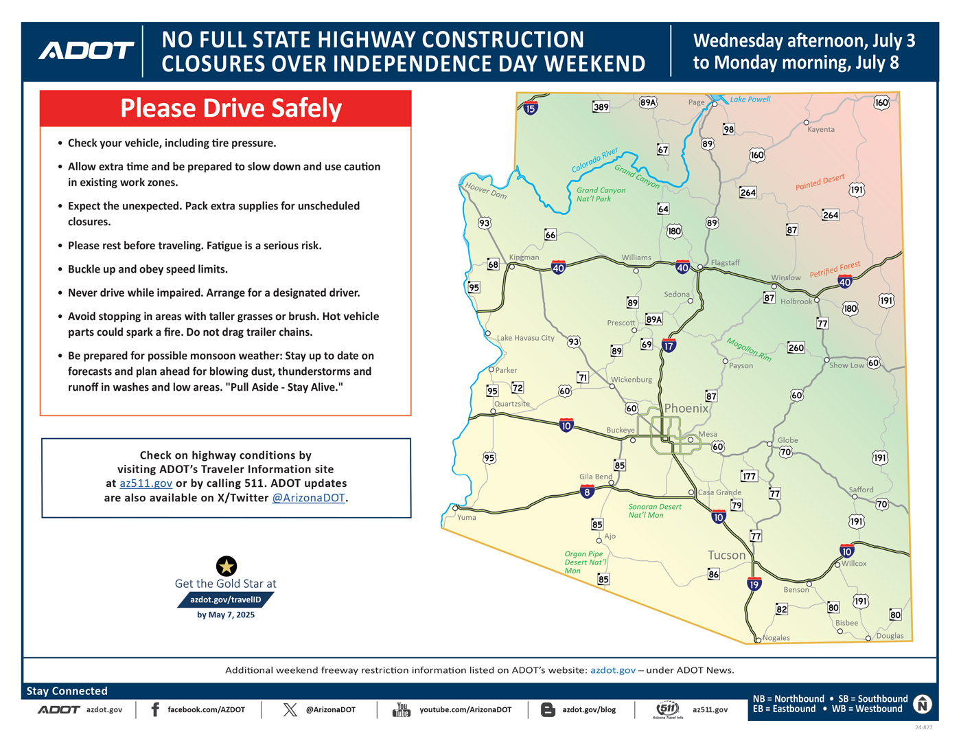ADOT's Weekend Freeway Travel Advisory Map (July 4 Weekend) No Closures Scheduled