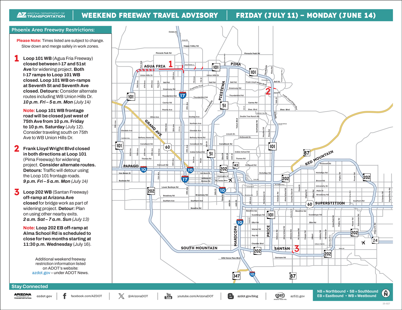 ADOT's Weekend Freeway Travel Advisory Map (July 11-14, '25) The Phoenix Area