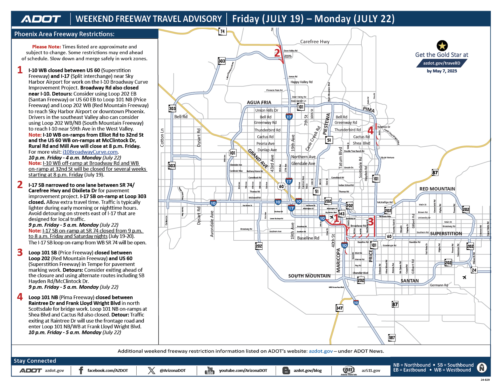 ADOT's Weekend Freeway Travel Advisory Map (July 19-22, '24) Phoenix Area
