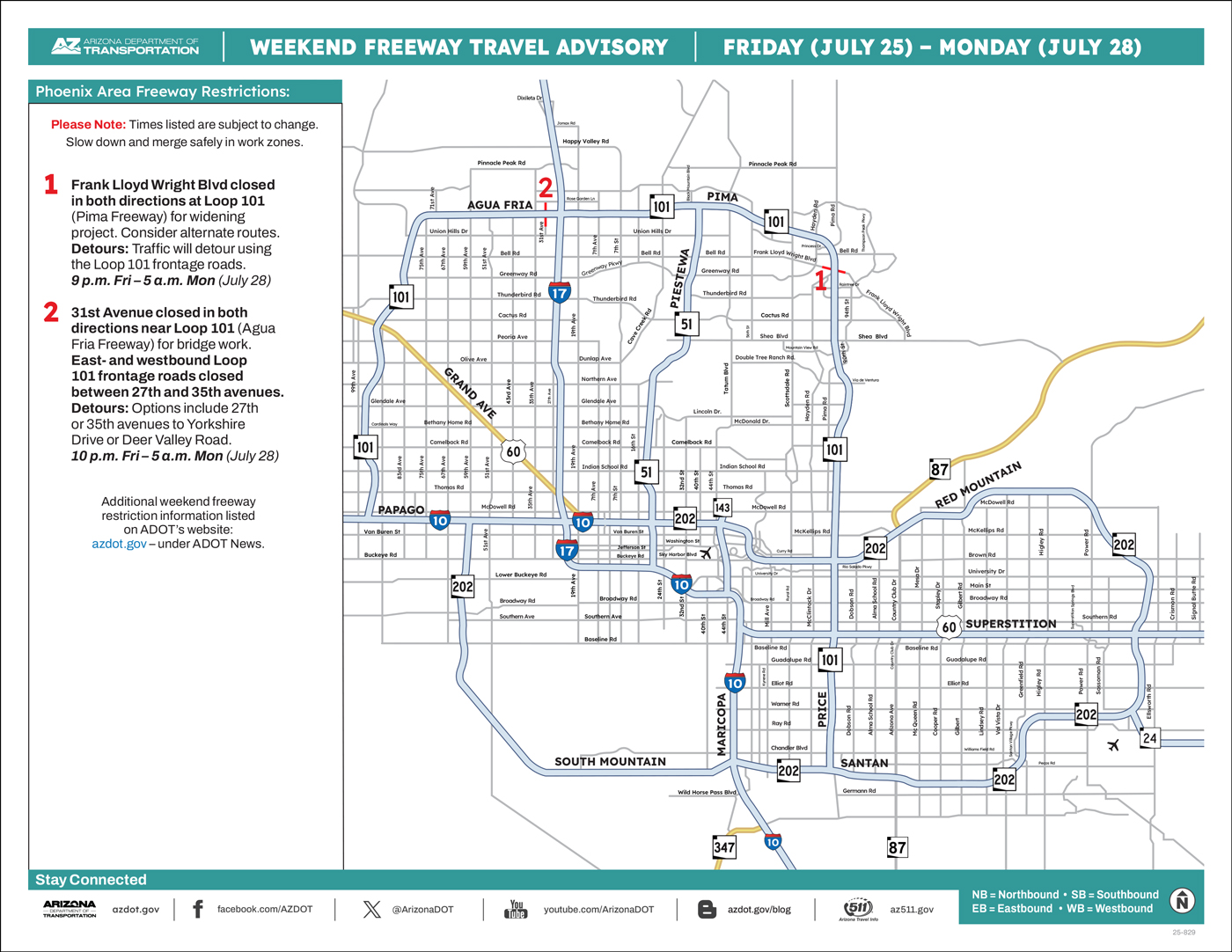 ADOT's Weekend Freeway Travel Advisory Map (July 25-28, '25) The Phoenix Area