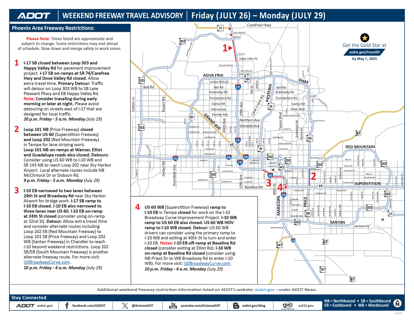 ADOT's Weekend Freeway Travel Advisory Map (July 26-29, '24) Phoenix Area