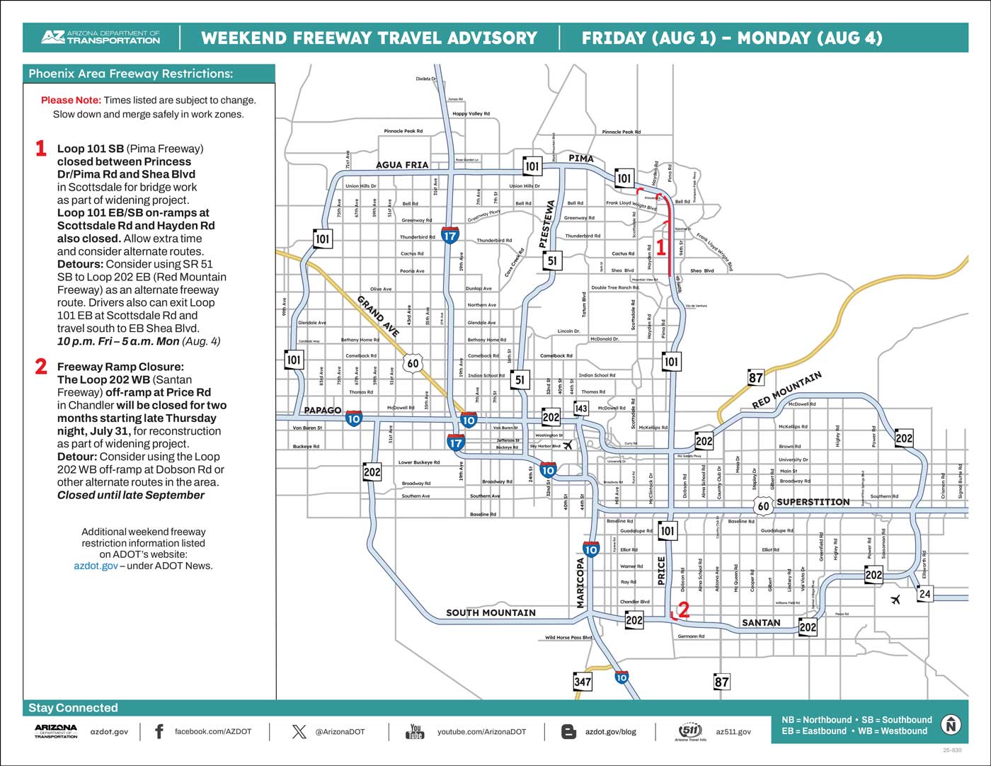 ADOT's Weekend Freeway Travel Advisory Map (Aug. 1-4, '25) Phoenix Area