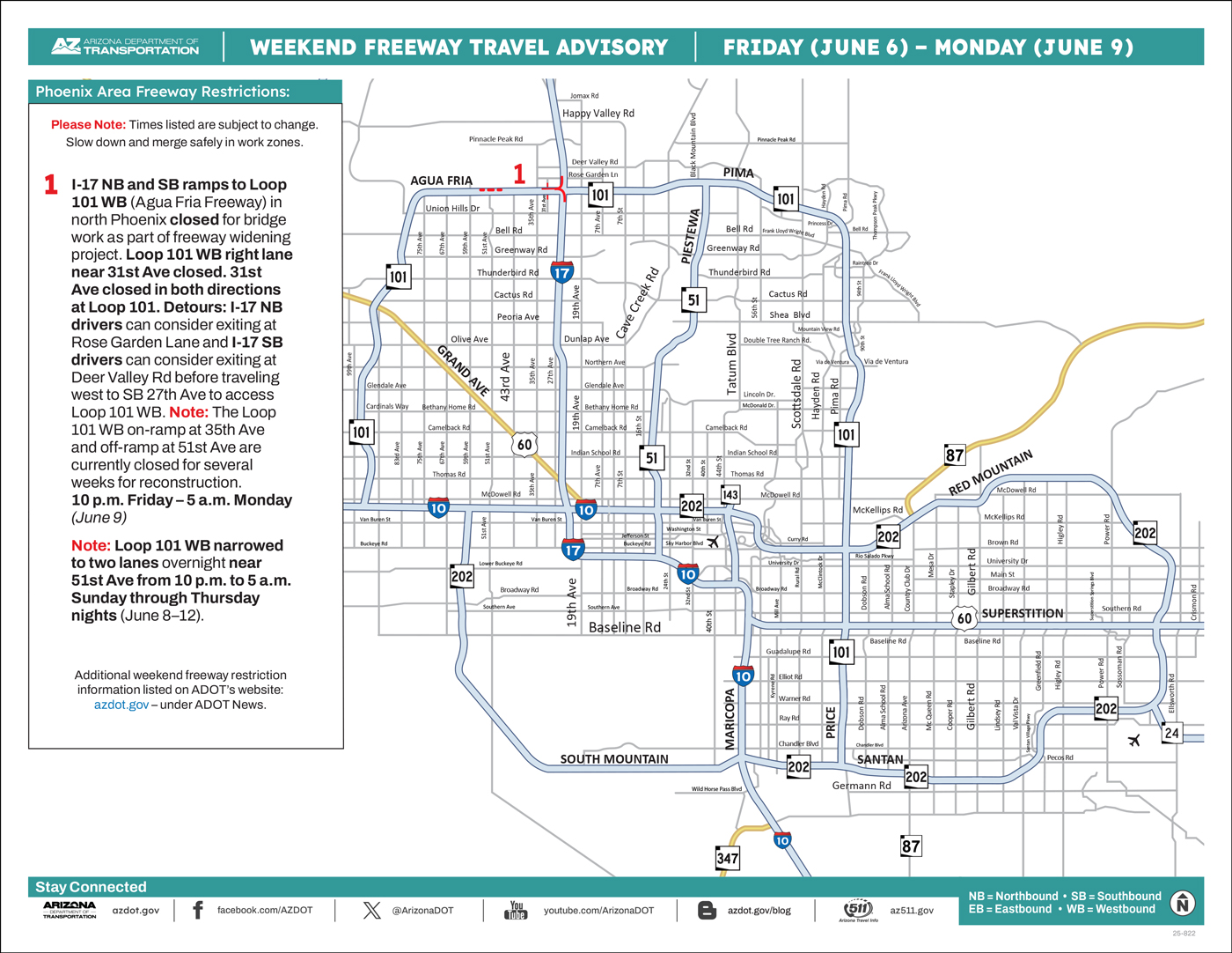 ADOT's Weekend Freeway Travel Advisory Map (June 6-9, '25) Phoenix Area