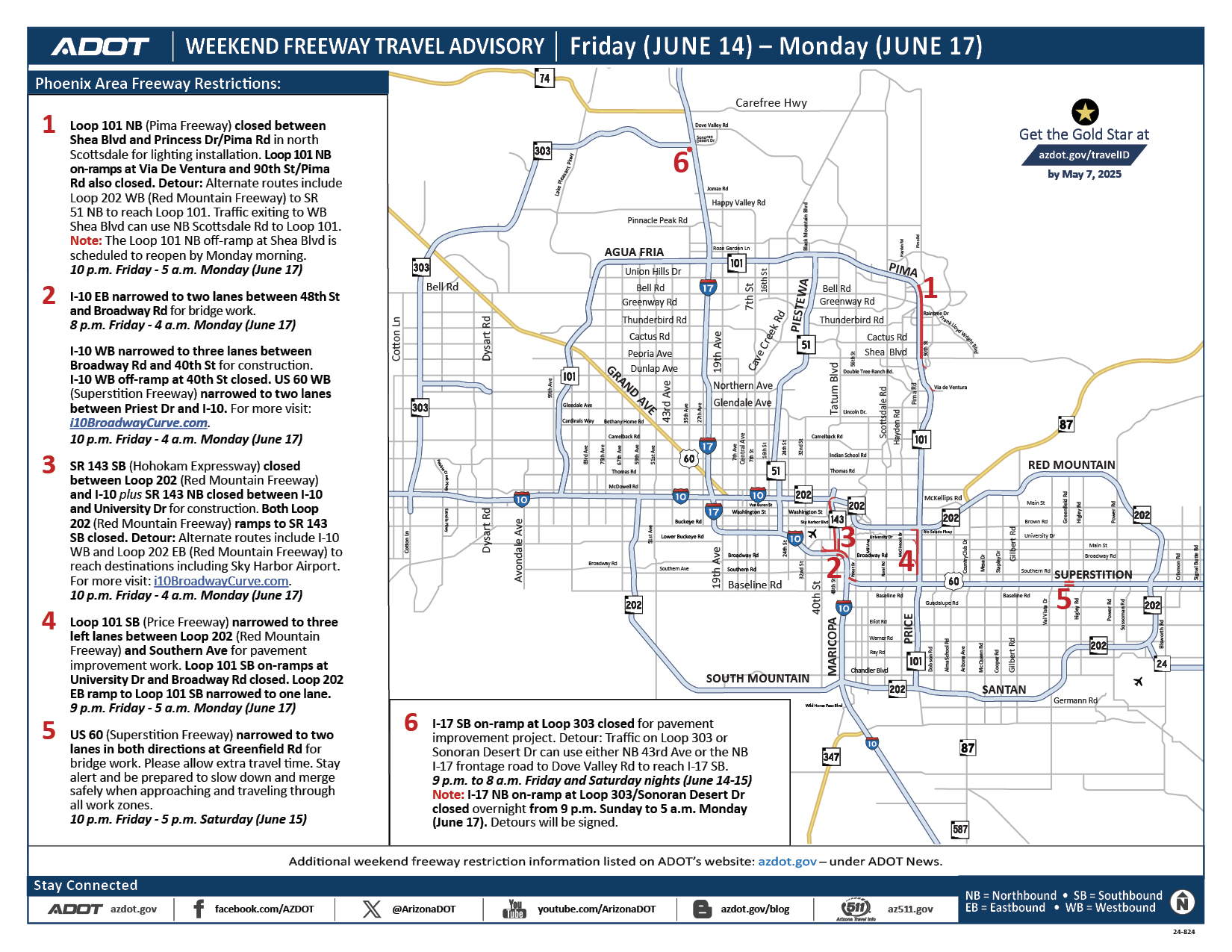 ADOT's Weekend Freeway Travel Advisory Map (June 14-17, 2024) Phoenix Area