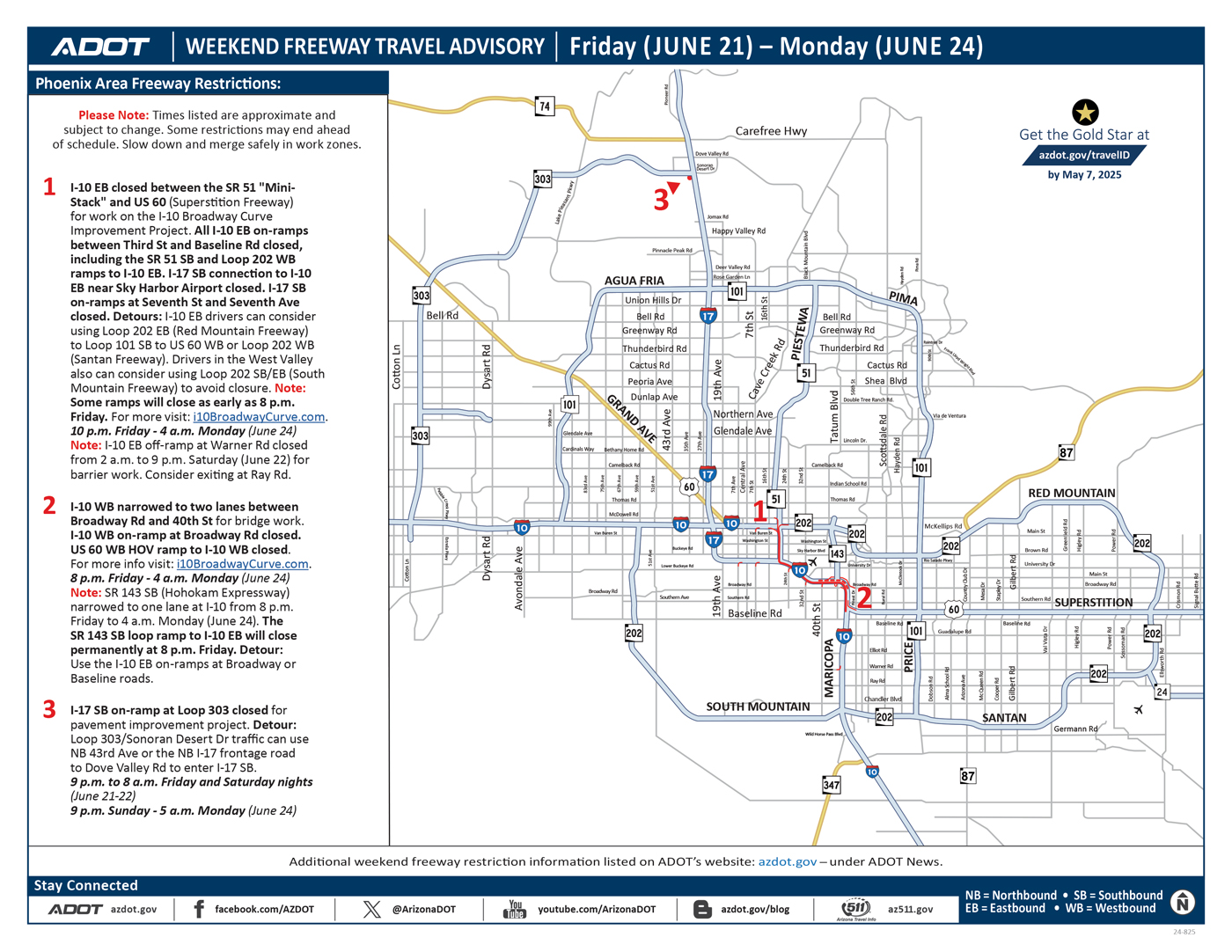 ADOT's Weekend Freeway Travel Advisory Map (June 21-24, '24) Phoenix Area