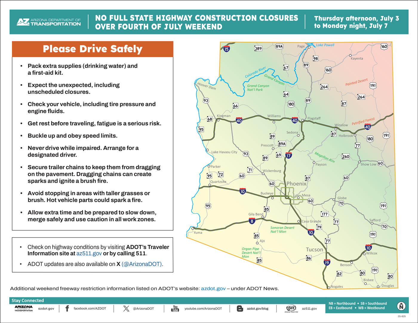 ADOT's July Fourth Weekend Travel Advisory Map (June 2025) - No Closures
