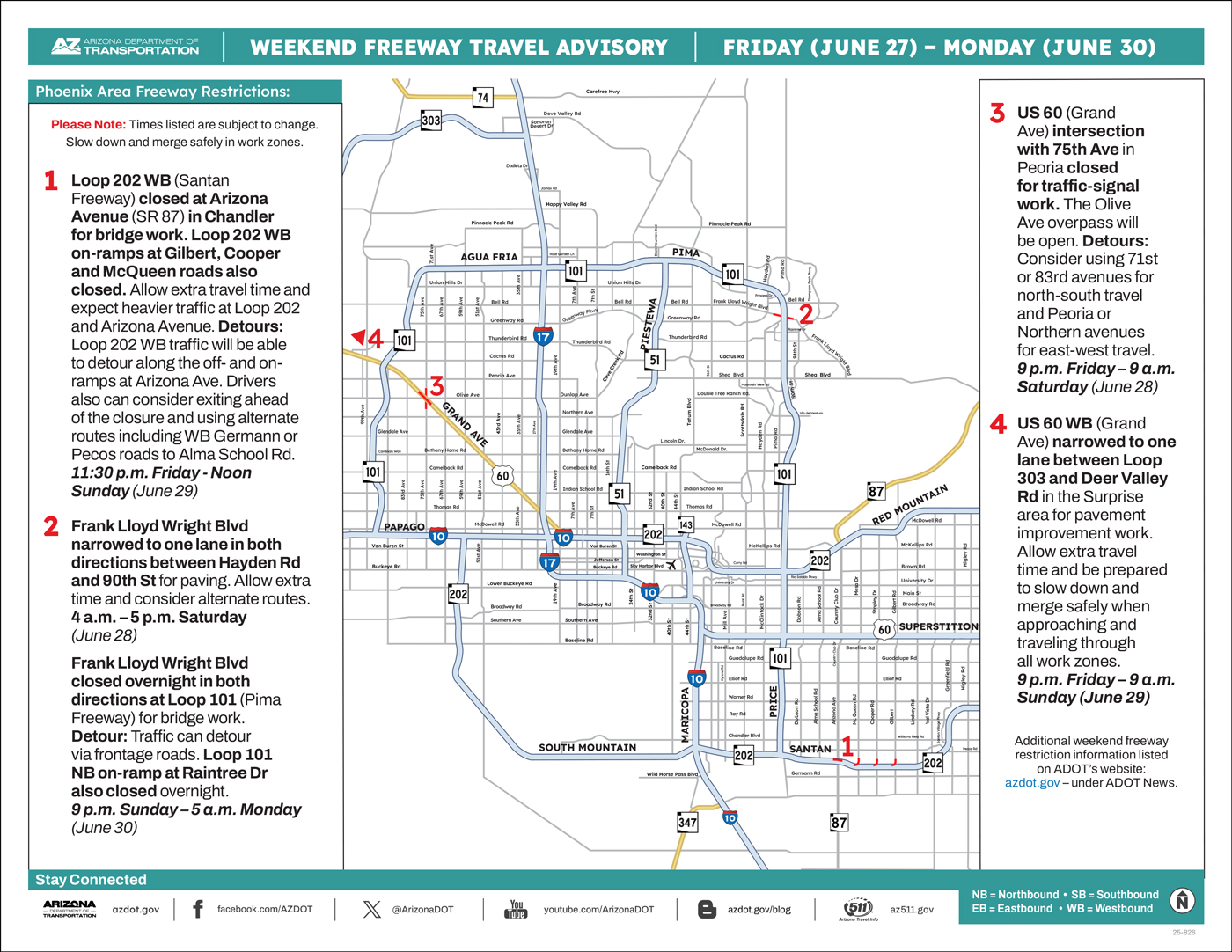 ADOT's Weekend Freeway Travel Advisory Map (June 27-30, '25) Phoenix Area