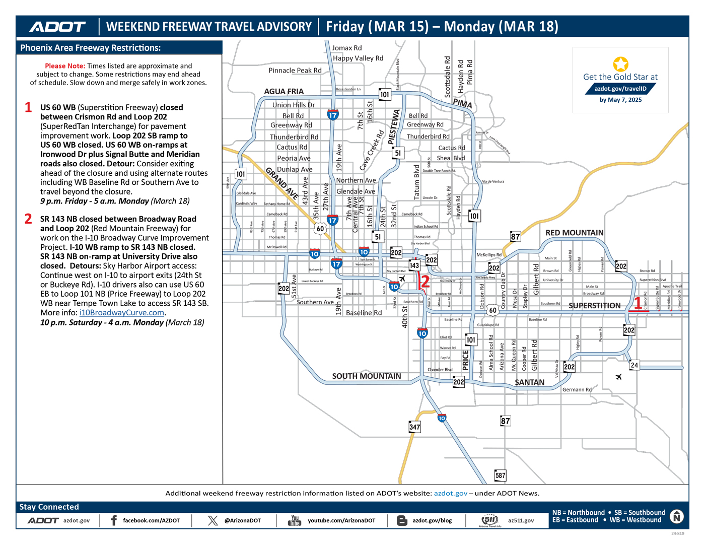 ADOT's Weekend Freeway Travel Advisory Map (March 15-18 '24) Phoenix Area