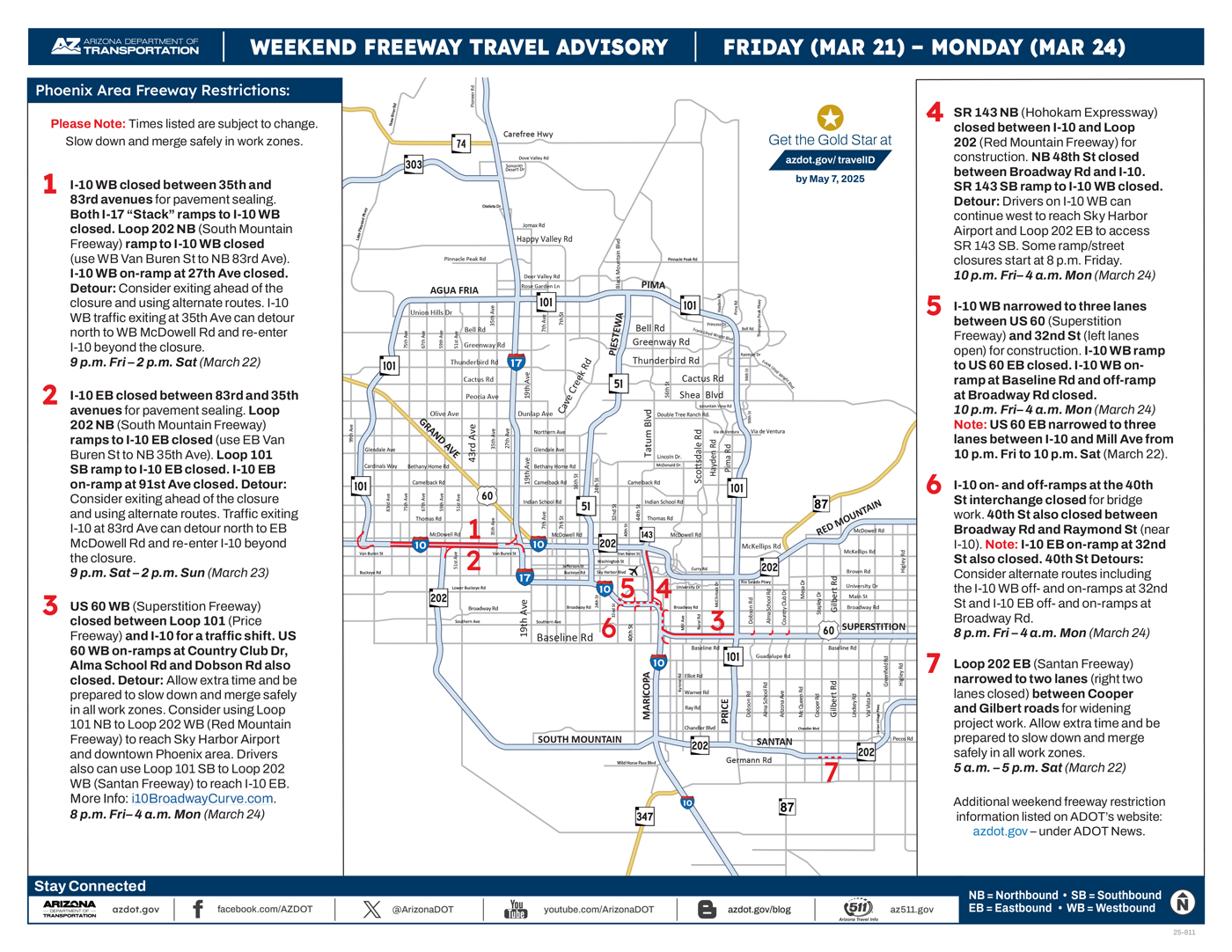 ADOT's Weekend Freeway Travel Advisory Map (March 21-24, '24) Phoenix Area