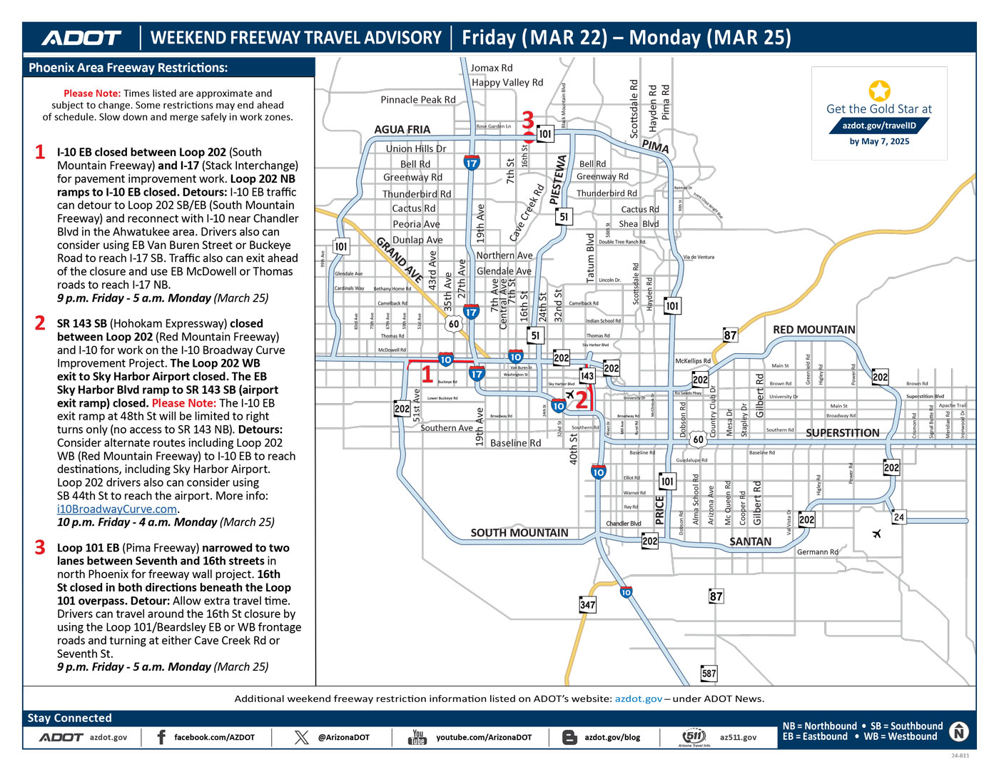 ADOT's Weekend Freeway Travel Advisory Map (March 22-25, '24) Phoenix Area