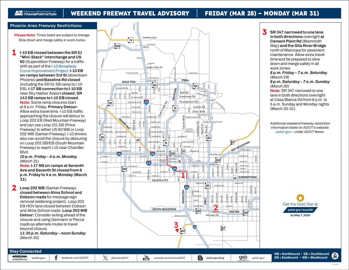 ADOT's Weekend Freeway Travel Advisory Map (March 28-31, '25) Phoenix Area