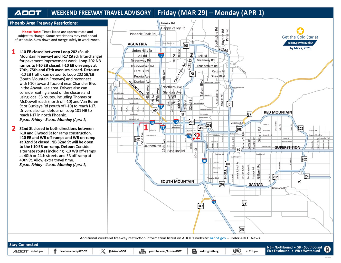 ADOT's Weekend Freeway Travel Advisory Map (March 29-April 1, '24) Phoenix Area