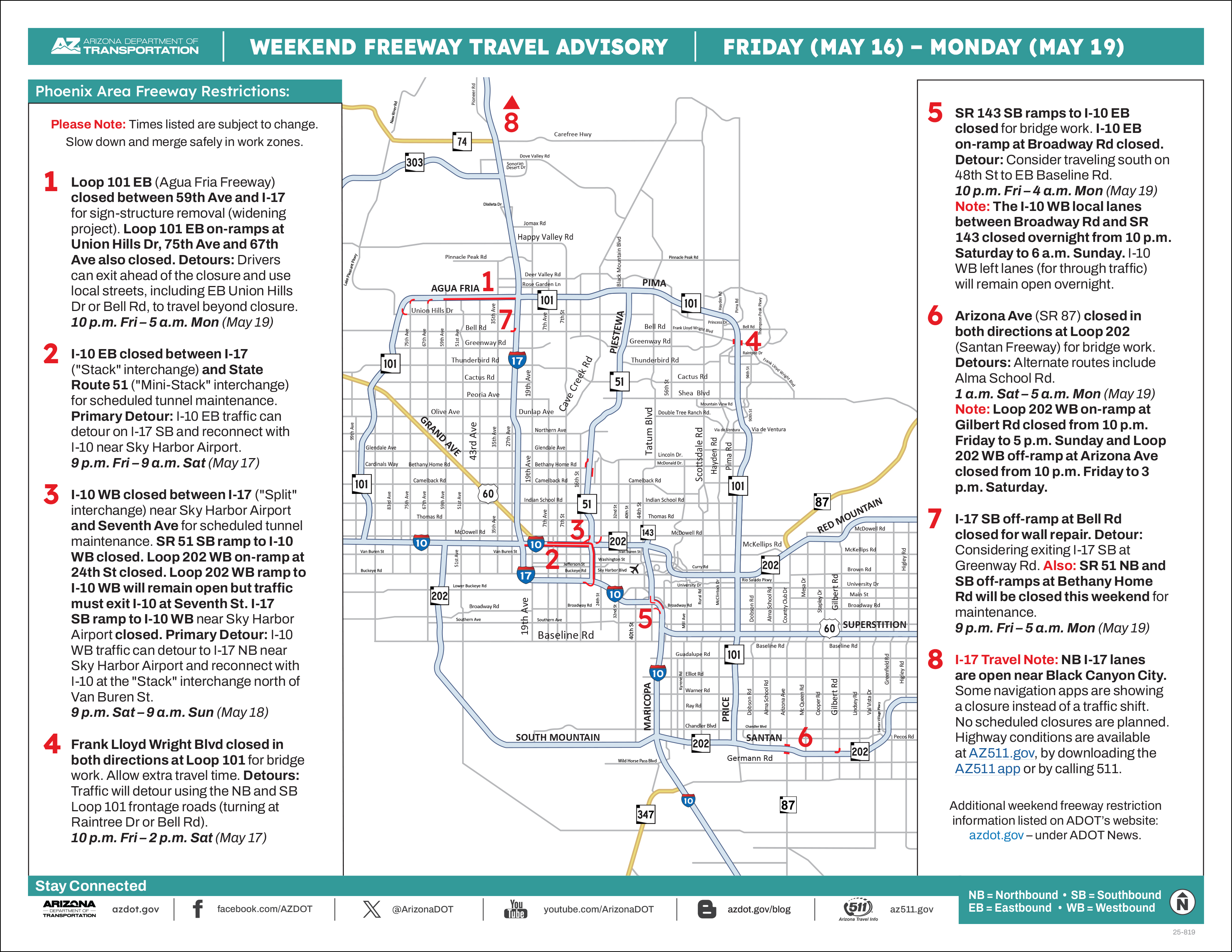 ADOT's Weekend Freeway Travel Advisory Map (May 16-19, '25) The Phoenix Area