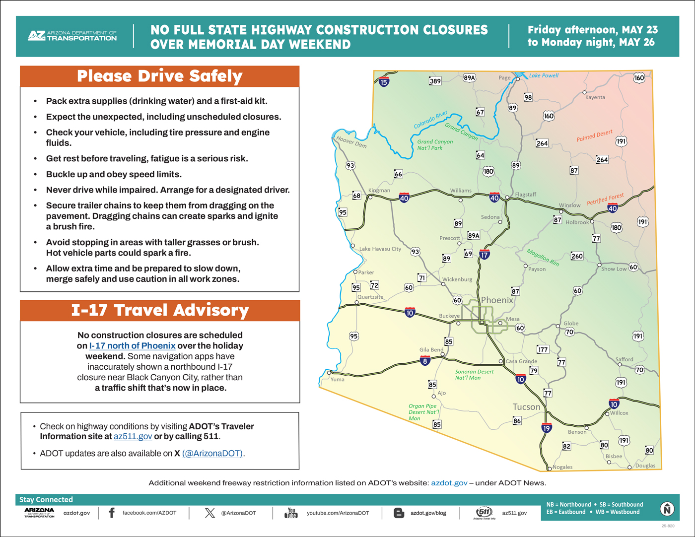 ADOT's Weekend Freeway Travel Advisory Map (May 19, '25) No Closures Memorial Day