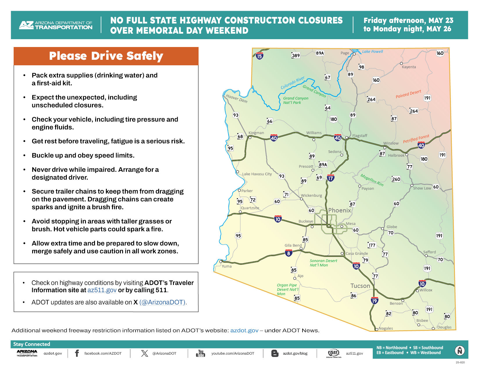 ADOT's Weekend Travel Advisory Map (Memorial Day Weekend May '25)