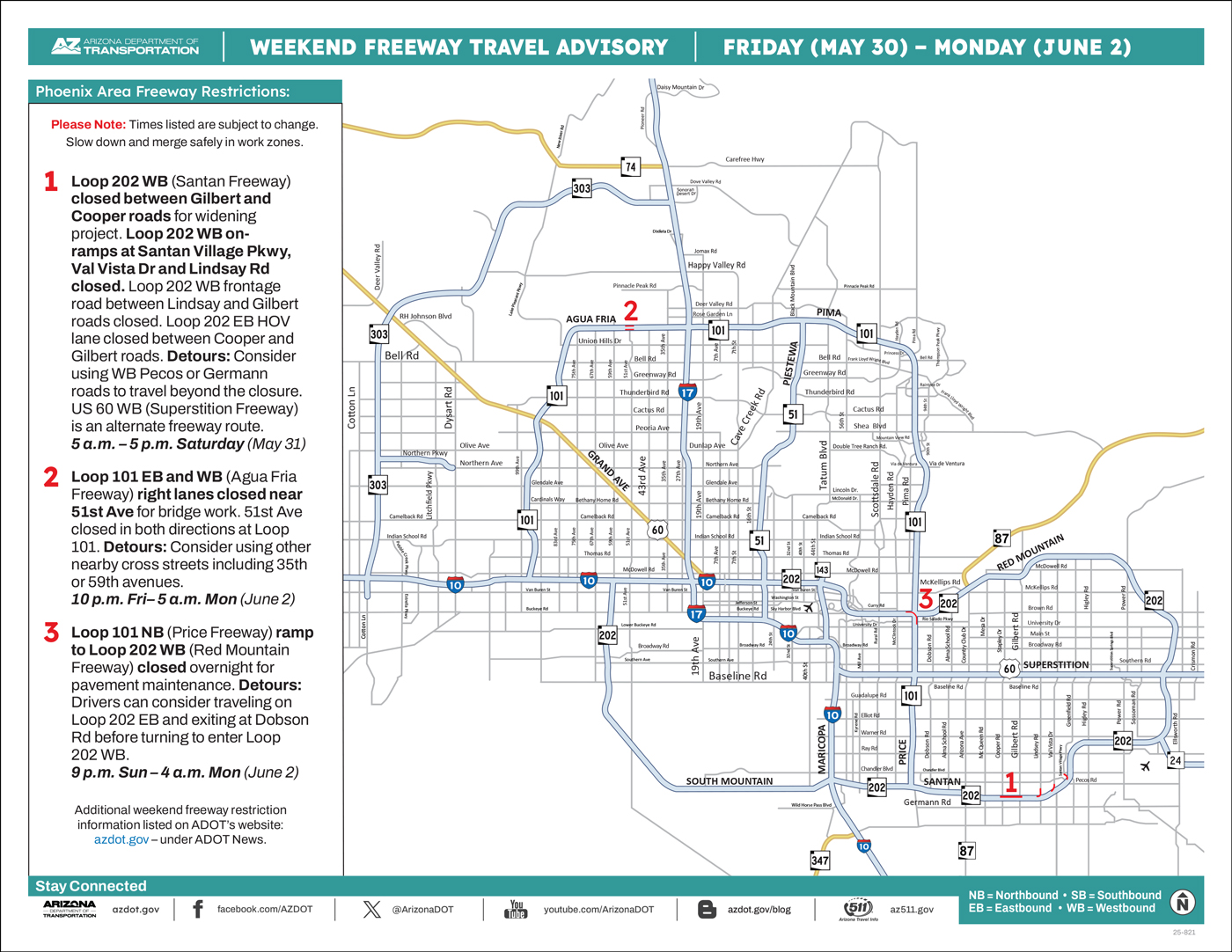 ADOT's Weekend Freeway Travel Advisory Map (May 30-June 2, '25B) Phoenix Area