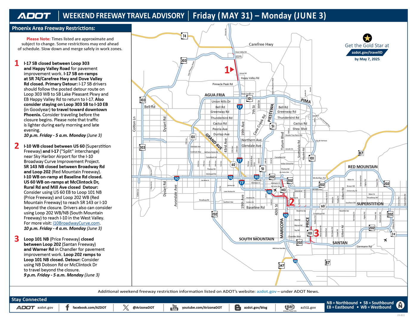 ADOT's Weekend Freeway Travel Advisory Map (May 31-June 3, '24) Phoenix Area