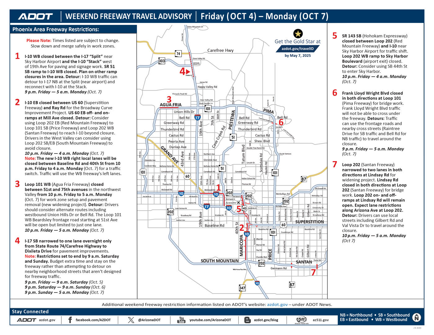 ADOT's Weekend Freeway Travel Advisory Map (Oct. 4-7, '24) - Phoenix Area