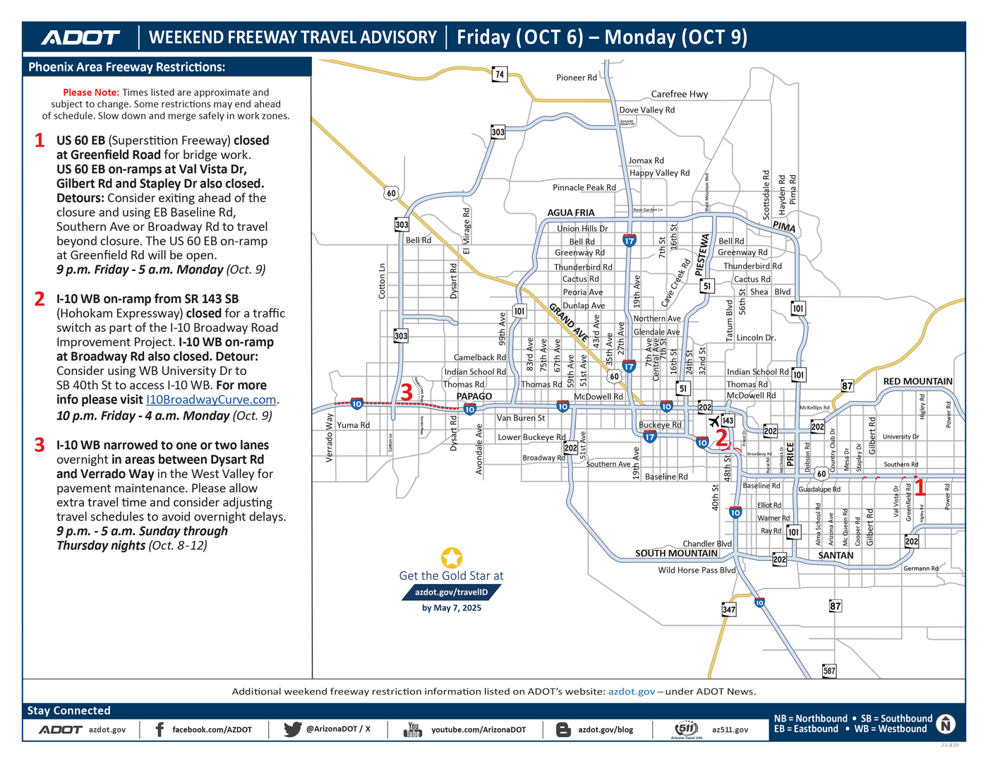 ADOT's Weekend Freeway Travel Advisory Map (Oct. 6-9, '23) Phoenix Metro