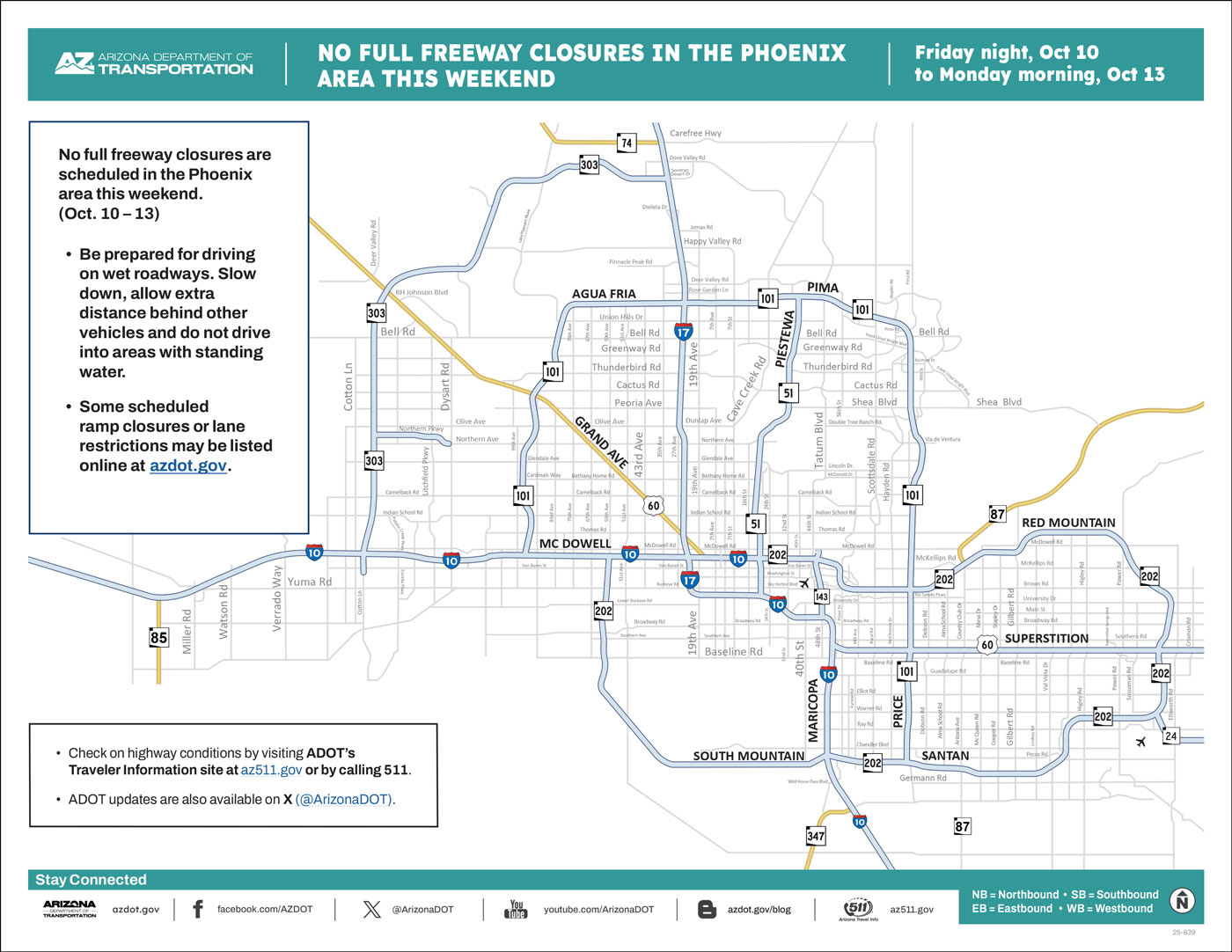 ADOT's Weekend Freeway Travel Advisory Map (Oct. 10-13, '25) The Phoenix Area