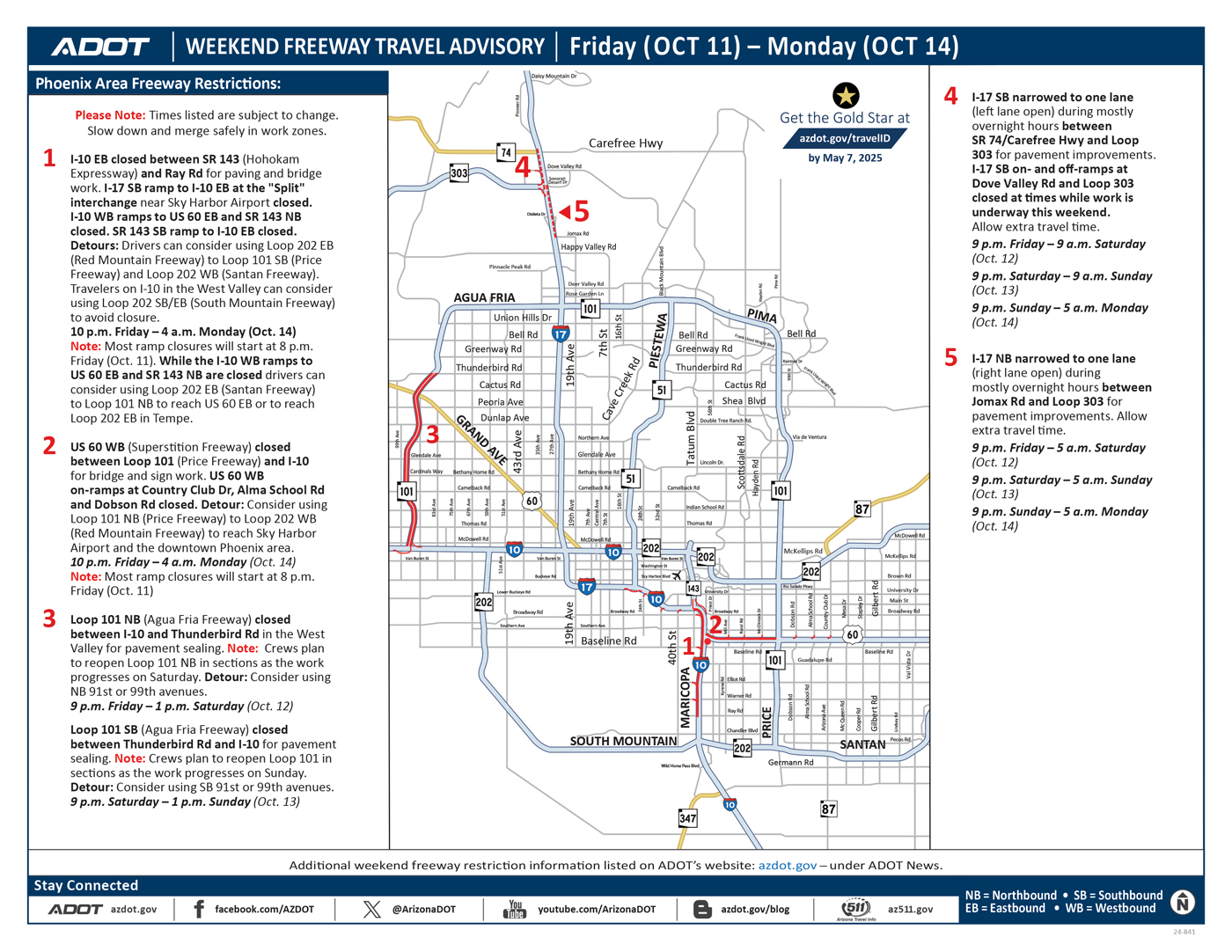 ADOT's Weekend Freeway Travel Advisory Map (Oct. 11-14, '24) - Phoenix Area