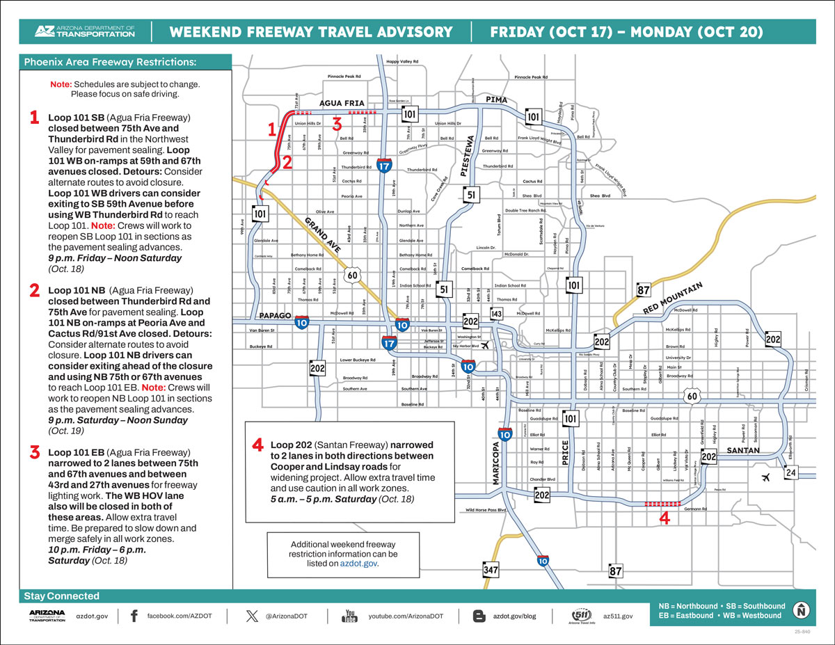 ADOT's Weekend Freeway Travel Advisory Map (Oct. 17-20, '25) The Phoenix Area