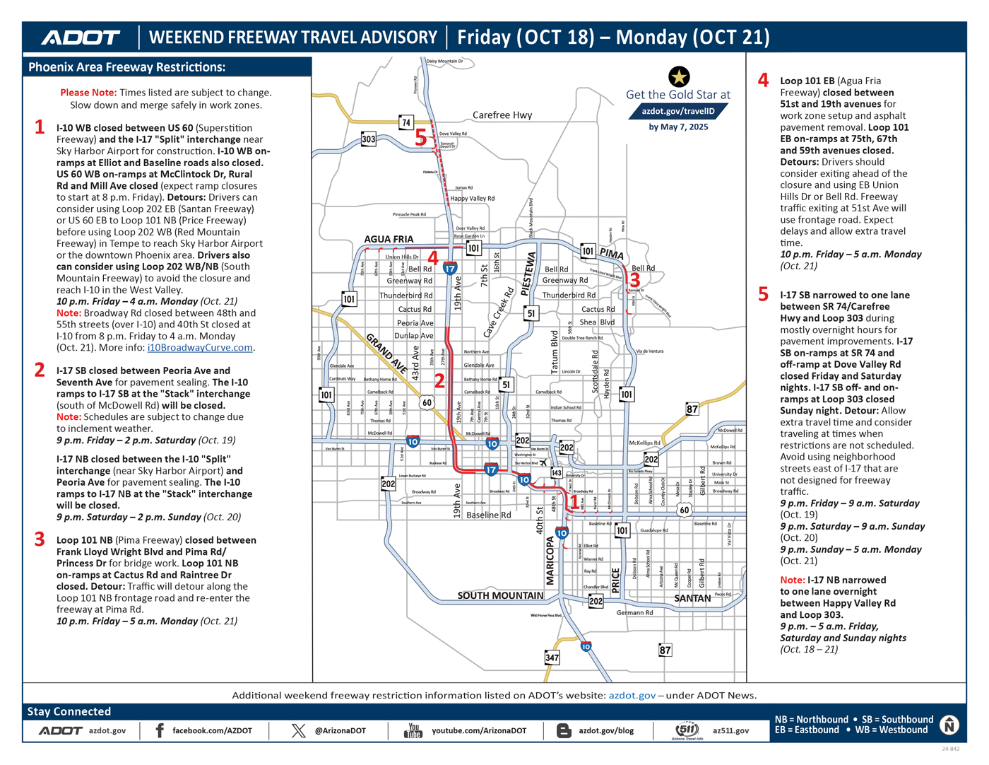 ADOT's Weekend Freeway Travel Advisory Map (Oct. 18-21, '24) - Phoenix Area
