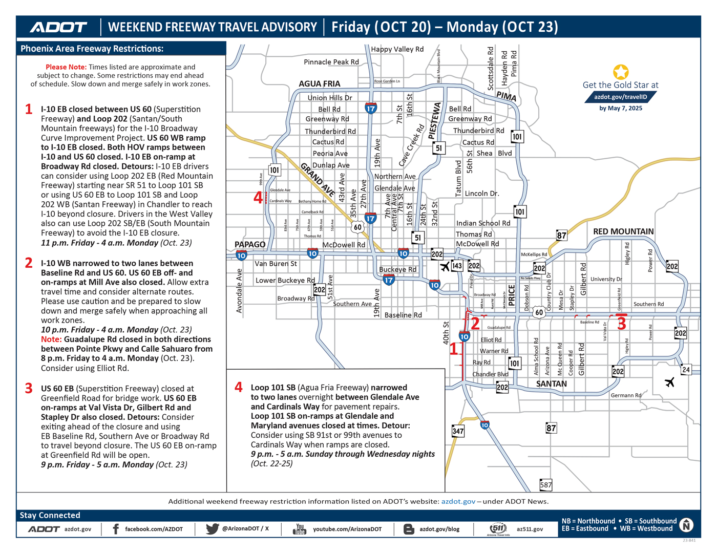ADOT's Weekend Freeway Travel Advisory Map (Oct. 20-23, '23) - Phoenix Area