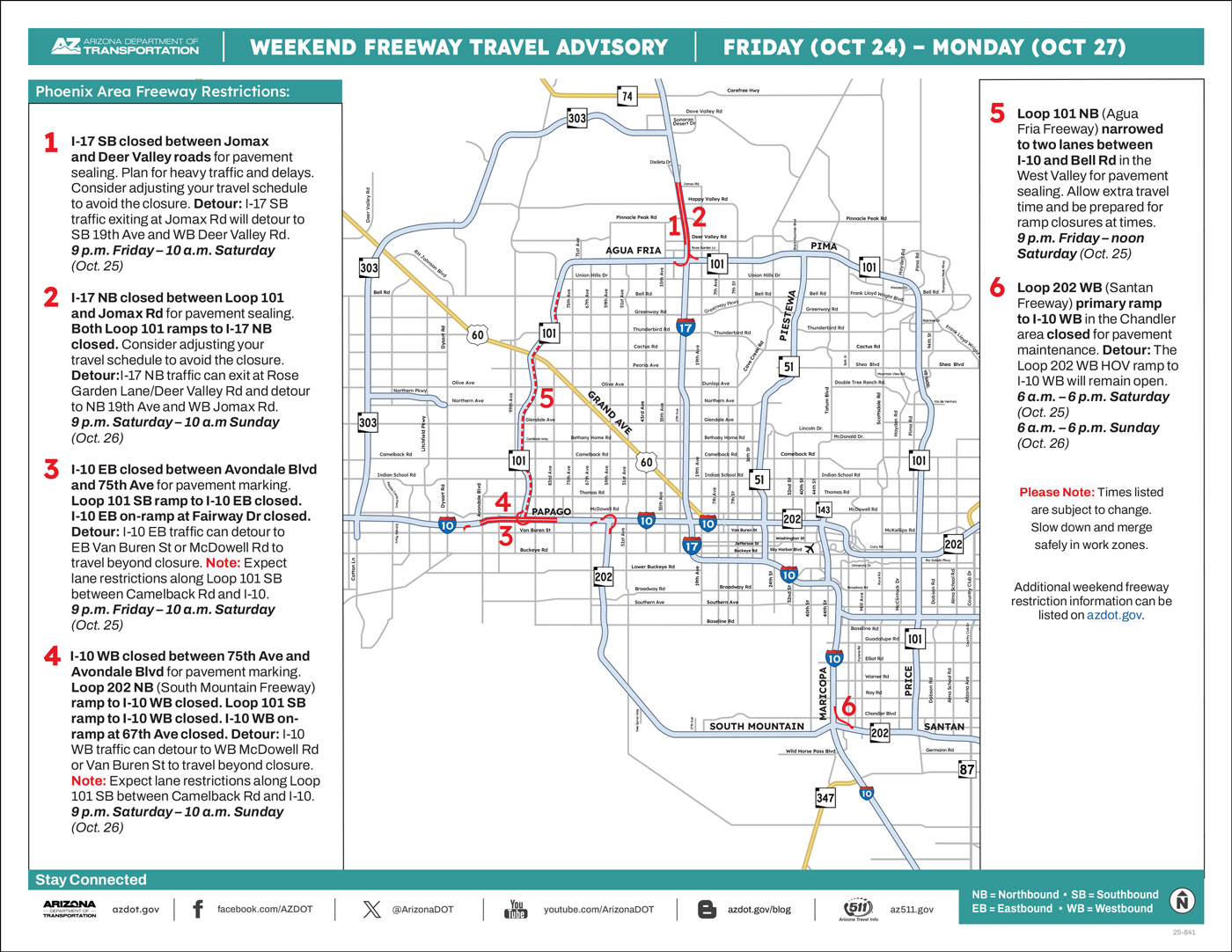 ADOT's Weekend Freeway Travel Advisory Map (Oct. 24-27, '25B) The Phoenix Area