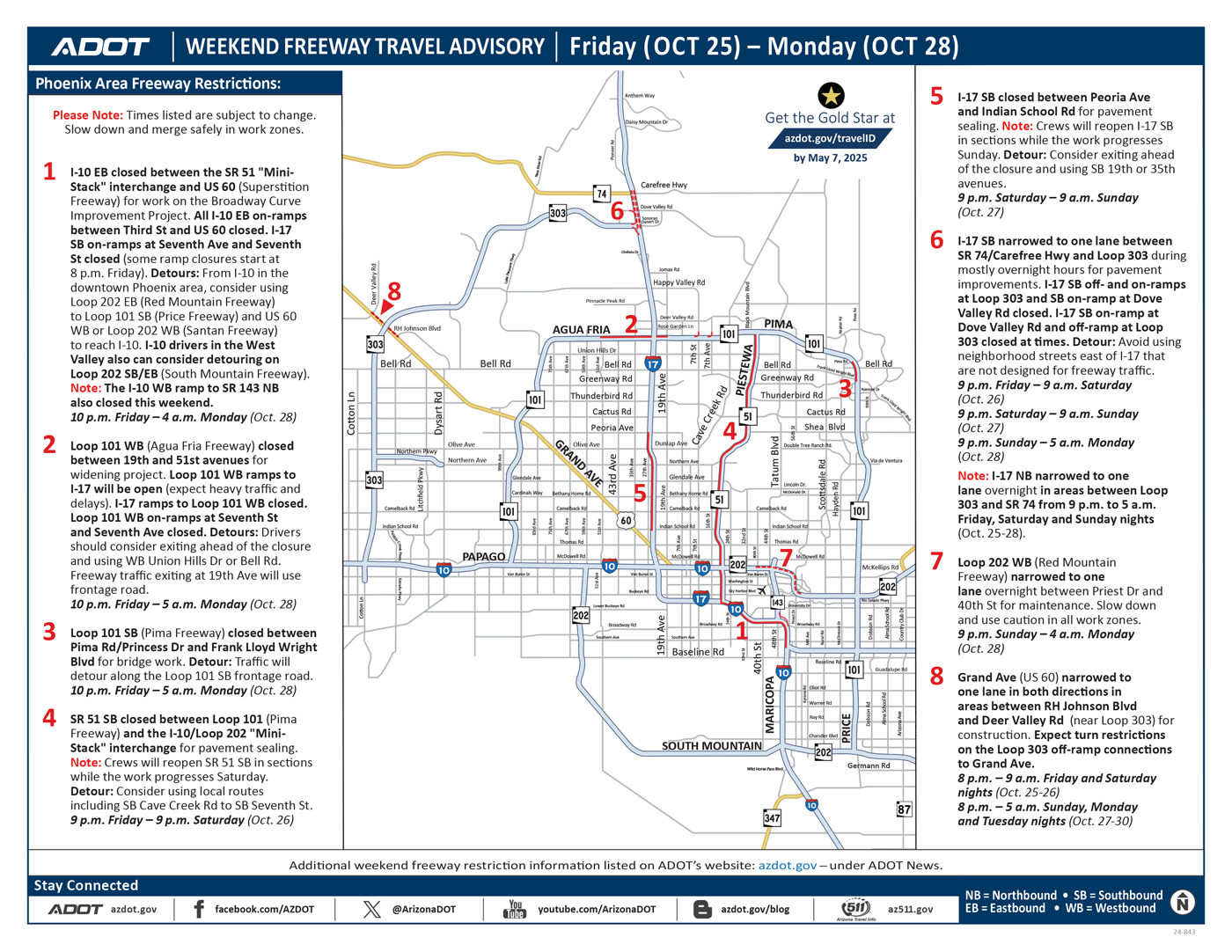 ADOT's Weekend Freeway Travel Advisory Map (Oct. 25-28, '24) - Phoenix Area