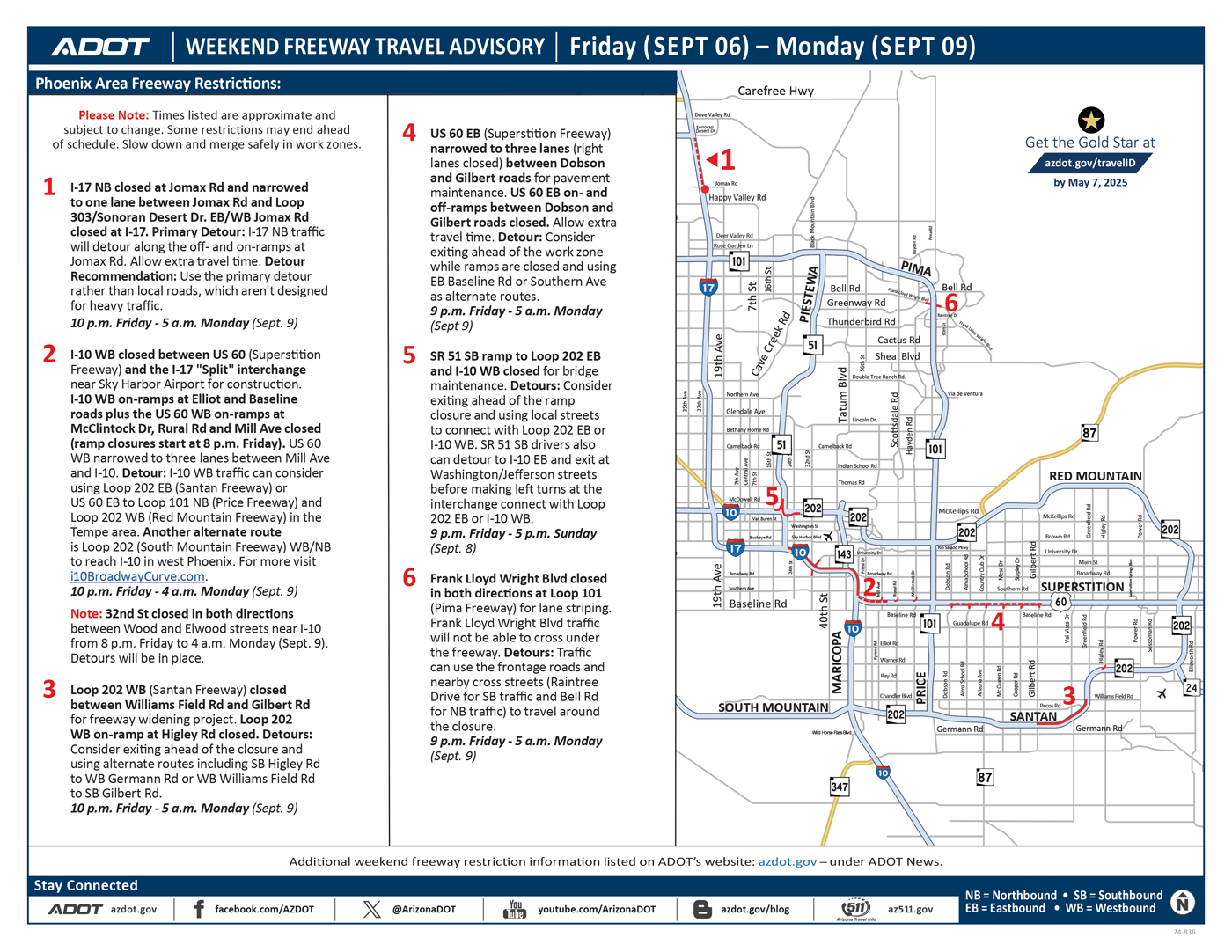 Weekend Freeway Map (Sept. 6-9, '24) - ADOT Phoenix Area