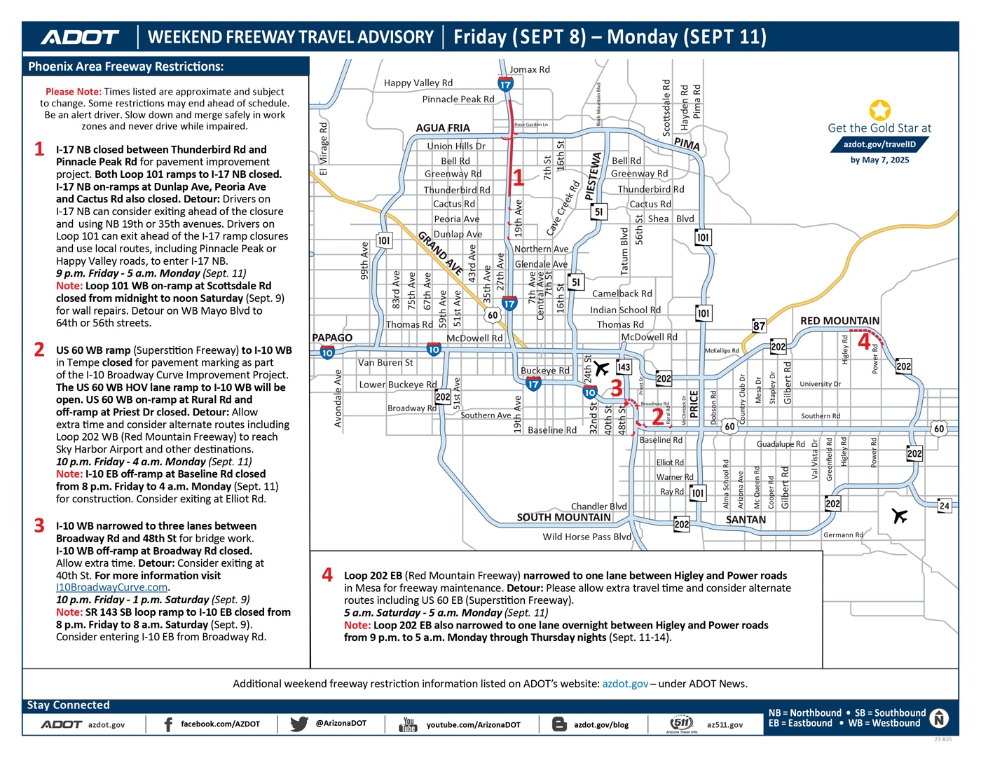 ADOT's Weekend Freeway Travel Advisory Map (Sept. 8-11, '23) - Phoenix Area