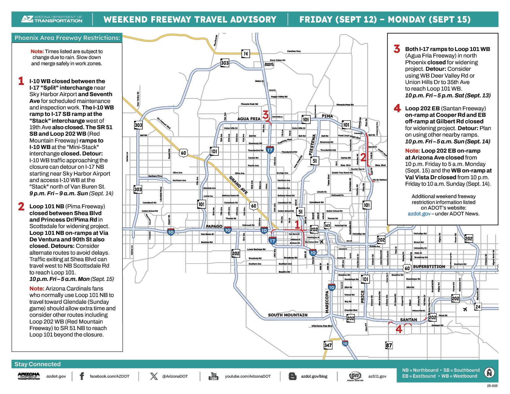 ADOT's Weekend Freeway Travel Advisory Map (Sept. 12-15, '25) The Phoenix Area