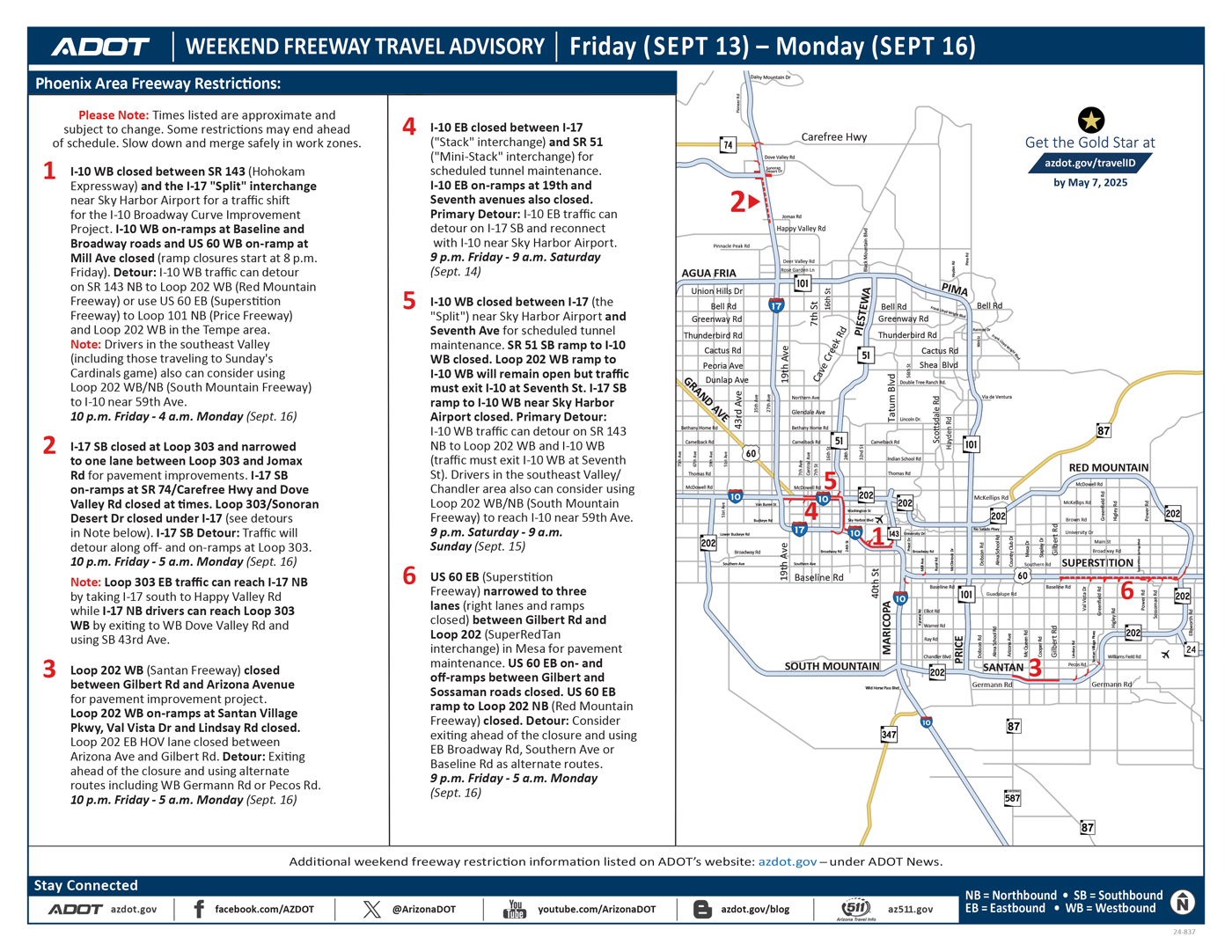 ADOT's Weekend Freeway Travel Advisory Map (Sept. 13-16, '24) - Phoenix Area