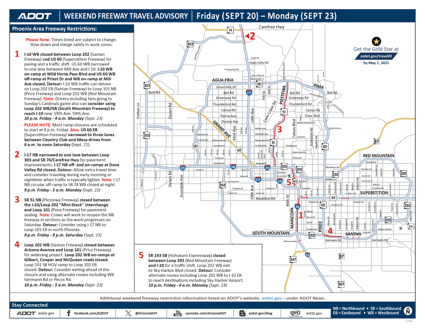 ADOT's Weekend Freeway Travel Advisory Map (Sept. 20-23, '24) - Phoenix Area