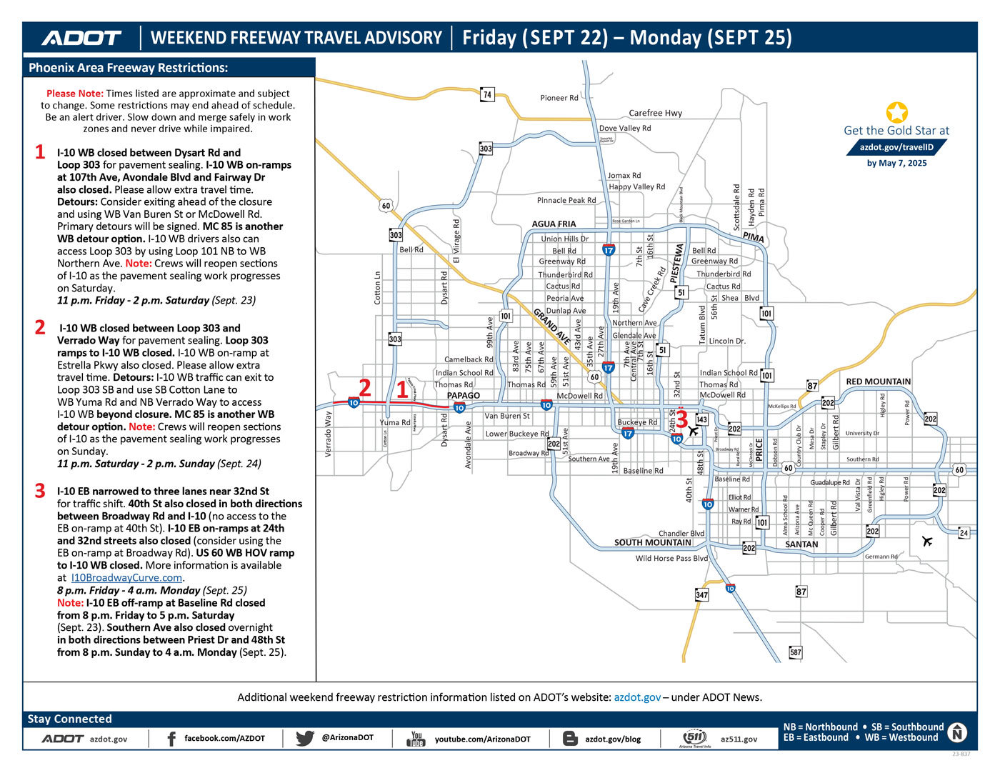 ADOT's Weekend Freeway Travel Advisory Map (Sept. 22-25, '23) - Phoenix Area
