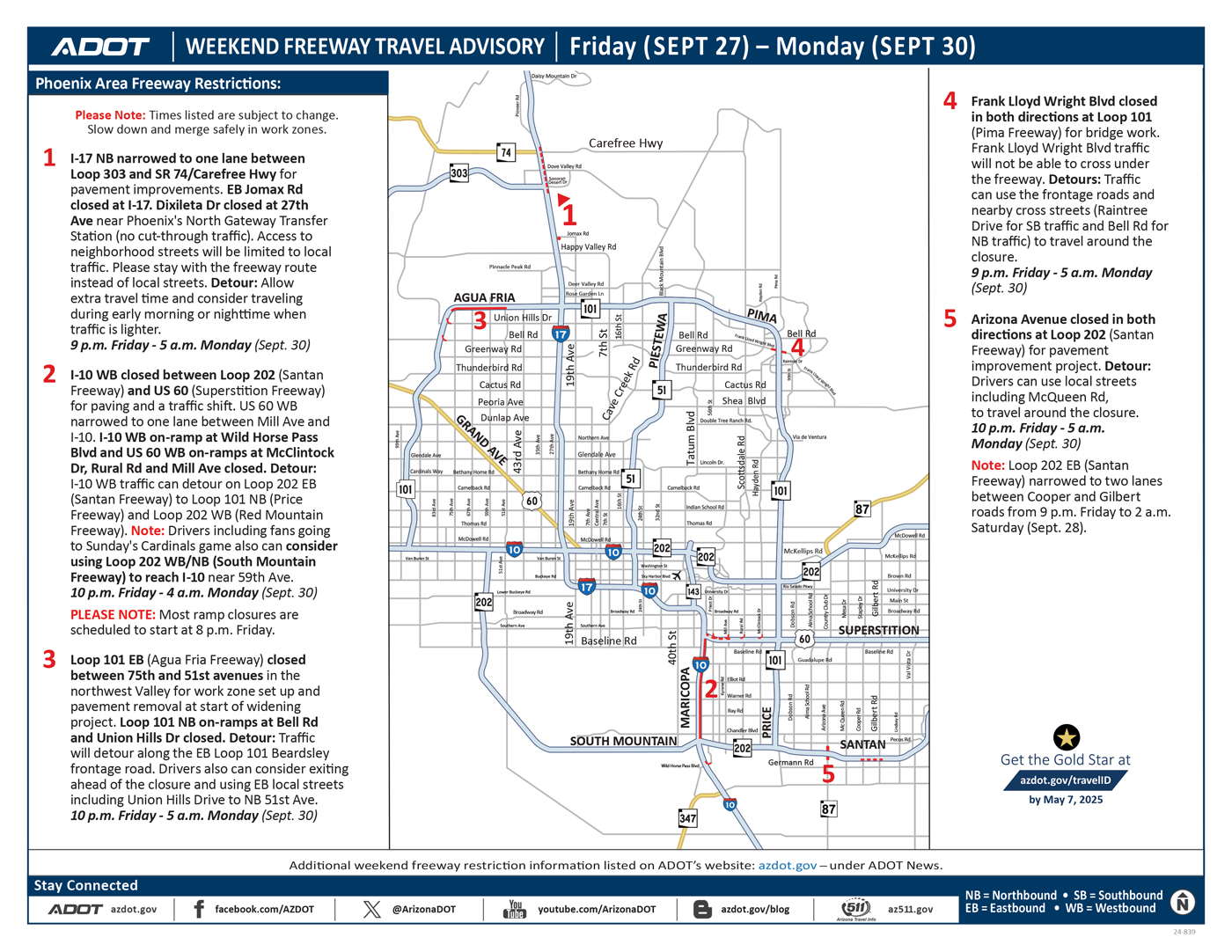 ADOT's Weekend Freeway Travel Advisory Map (Sept. 27-30, '24) - Phoenix Area