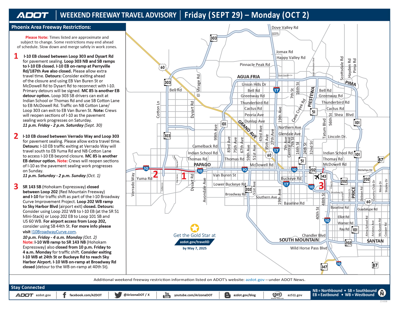 ADOT's Weekend Freeway Travel Advisory Map (Sept. 29-Oct. 2, '23) - Phoenix Area
