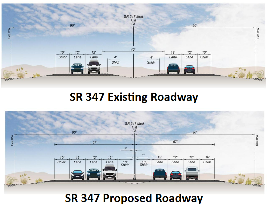 diagram to show how the SR 347 corridor would be widened with an additional lane
