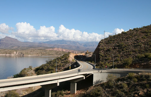 Arizona highway and bridge by lake