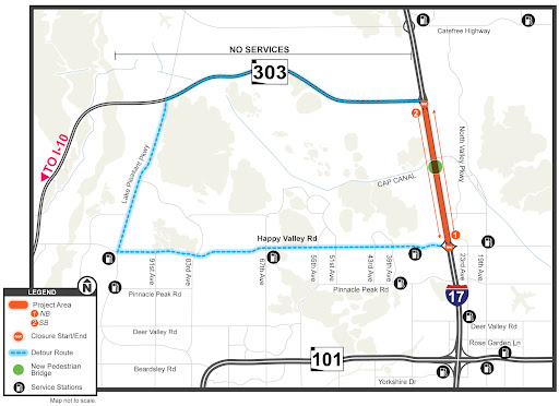 Map illustrating the closure on I-17 from Happy Valley Road to Loop 303 Map illustrating the closure on I-17 from Happy Valley Road to Loop 303
