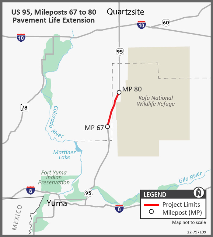 US 95: Mileposts 67 to 80 Pavement Life Extension project map