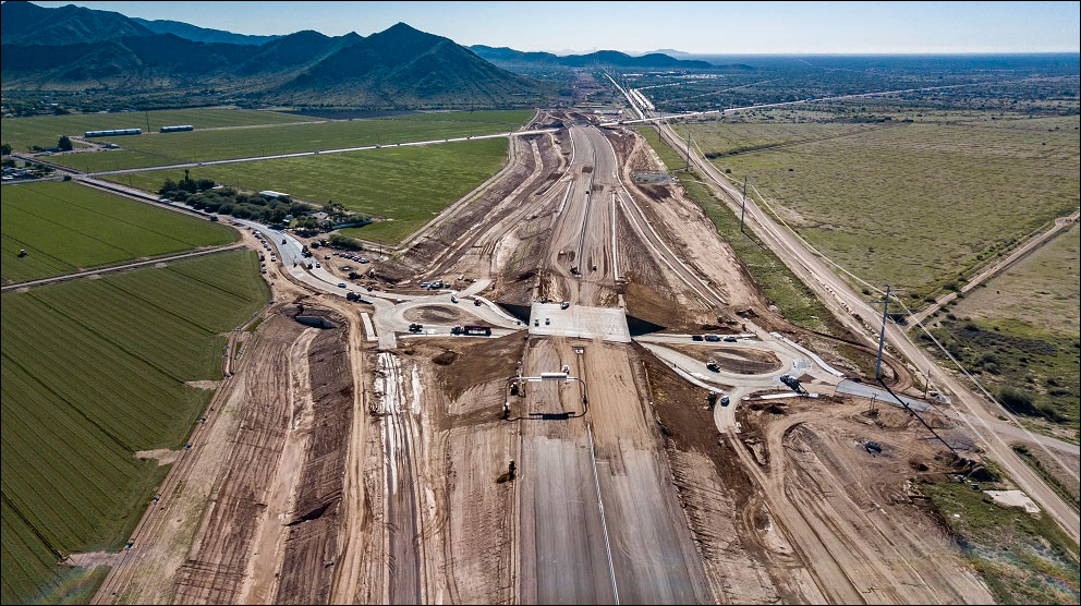 Aerial view of the South Mountain Freeway and Estrella Dr.