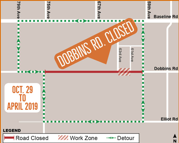 Dobbins Road Closure Map -- Closed Oct. 29, 2018 - April 2019