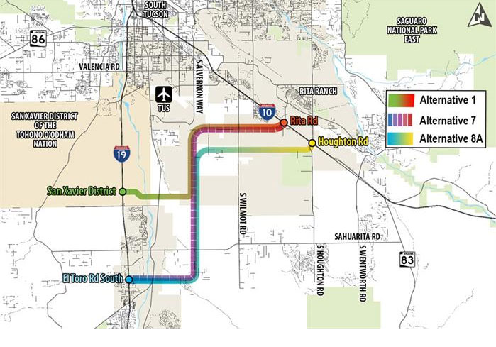 Map Showing Recommended Route Alternatives for Sonoran Corridor Study