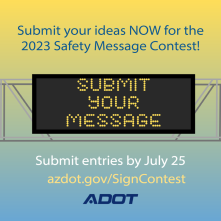 Graphic with a gradient from yellow to blue top to bottom featuring a sign that says "Submit your message."