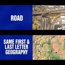 Two clues from Jeopardy. The categories are on the left and read "Road" and "Same first and last letter geography," from top to bottom. On the right is a picture of the Stack annd a map between Kingman and Winslow from top to bottom.